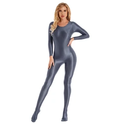 Womens One Piece Glossy Bodystocking Long Sleeve Solid Color Stretchy Bodysuit Fitness Swimwear Nightclub Rave Party Clubwear