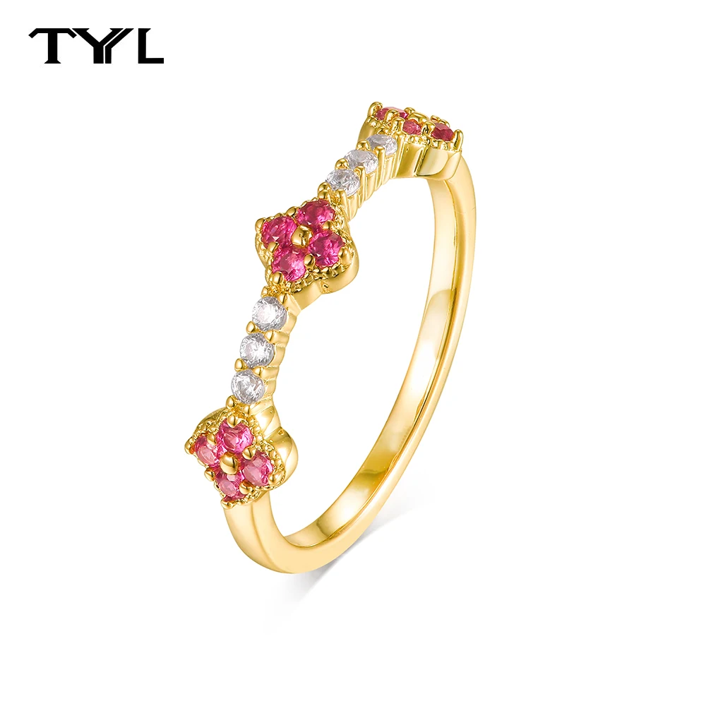 

TYYL Rose Red Three Flower Ring 5A Zircon Elegant Four Leaf Clover Floral Design Best Birthday Anniversary Jewelry Gift for Her