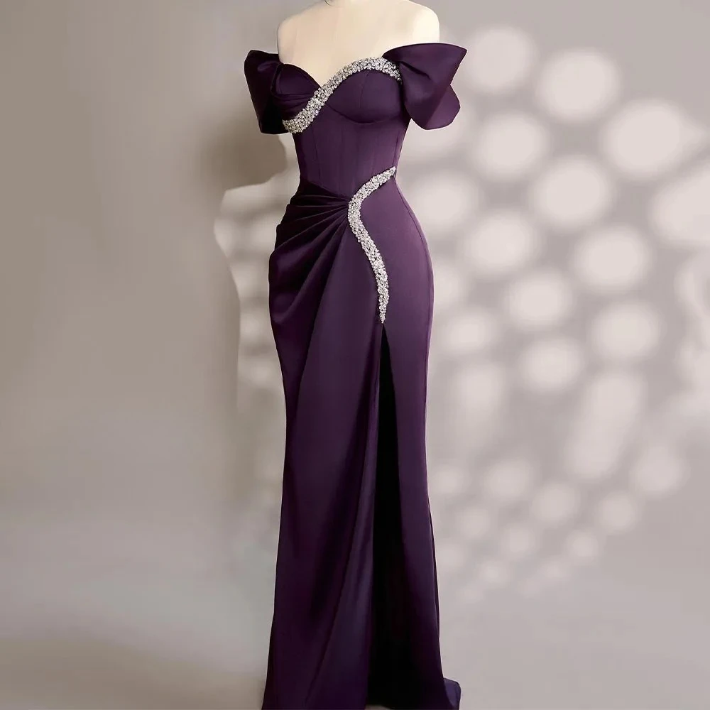 Customized Evening Dresses Off The Shoulder Crystals Sweetheart Column Prom Gowns Floor Length Ruched Formal Party Dress Women