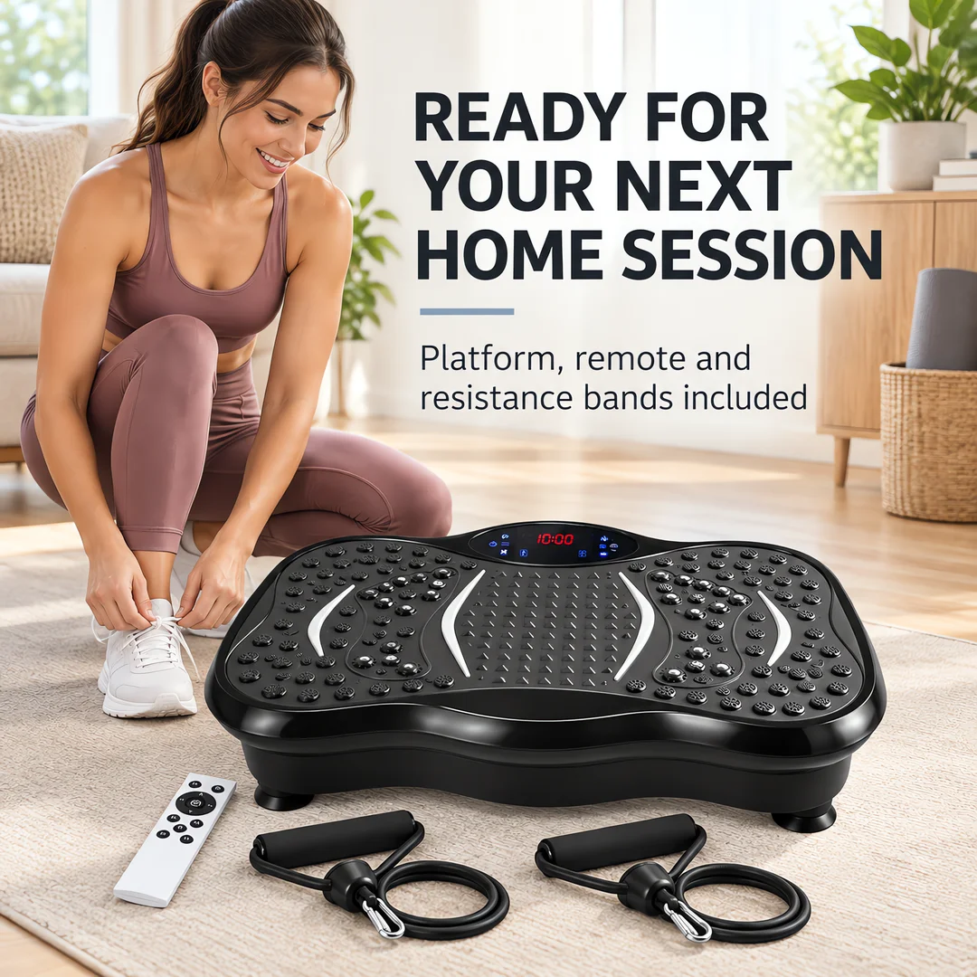 Vibration Plate Exercise Machine, 200W Compact Home Fitness Platform with LCD Panel, Remote Control and 2 Resistance Bands, Black