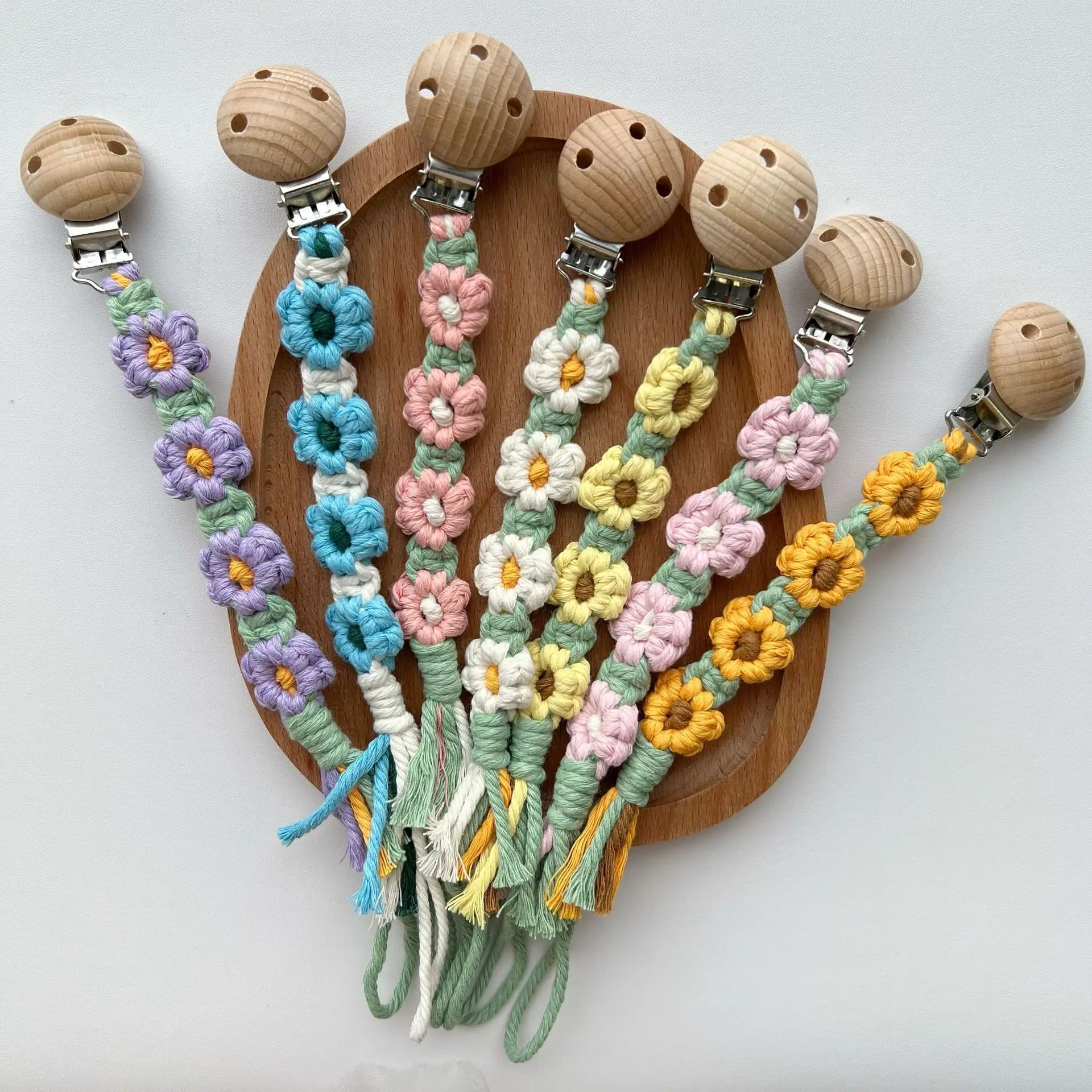 Wooden Baby Pacifier Chain  Soother Clip Handmade Woven Pink Flower Nipple Holder Clip Newborn Teething Accessories