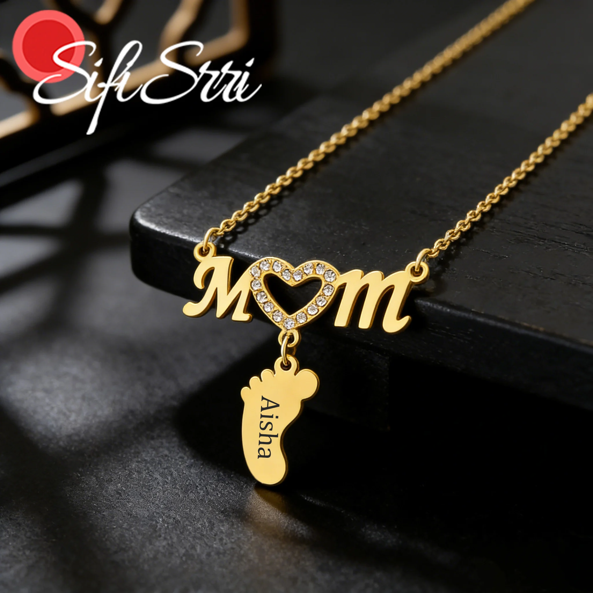 Sifisrri Zircon Heart Engrave Family Name Necklace for Women Kids Stainless Steel Choker Jewelry Personalized Mother Day Gift