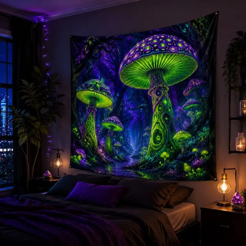 VIKAMA Mushroom Jellyfish Blacklight Tapestry, Neon Ocean Wall Hanging, Psychedelic Blanket for Bedroom Dorm Decor