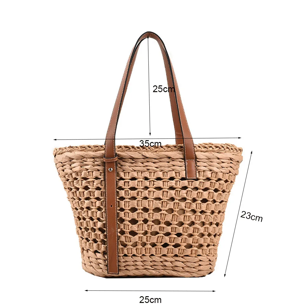 Women\'s Straw Weave Bag Boho Hollow Design Summer Large Capacity Bucket Handbag Rattan Weave Handmade Craft Tote Basket