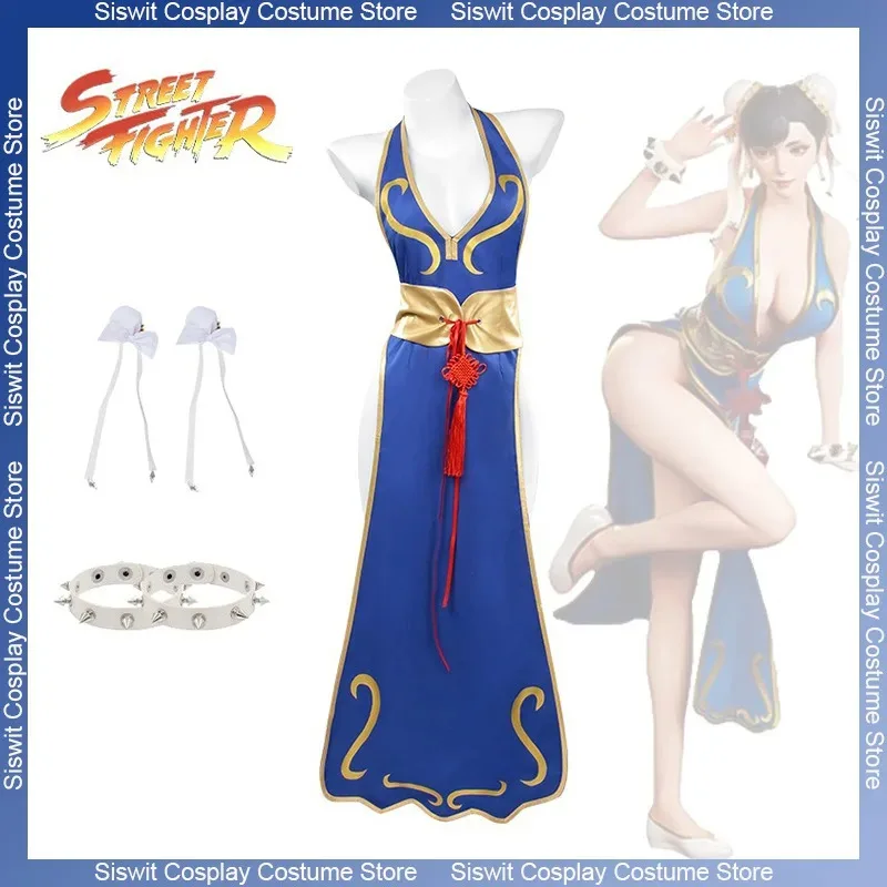 Game Chun Li Cosplay Costumes Battle Uniform Blue Cheongsam Sexy Outfits Belt Headgear Full Set Anime Carnival Party Dress Up