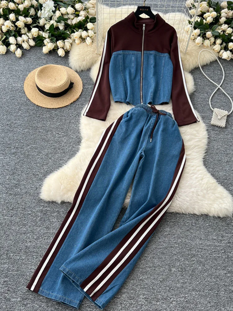 New Spring Women Fashion Casual denim Striped Straight Leg Pants Loose Long Sleeves Zipper Stand Collar Jackets Outerwear 2025