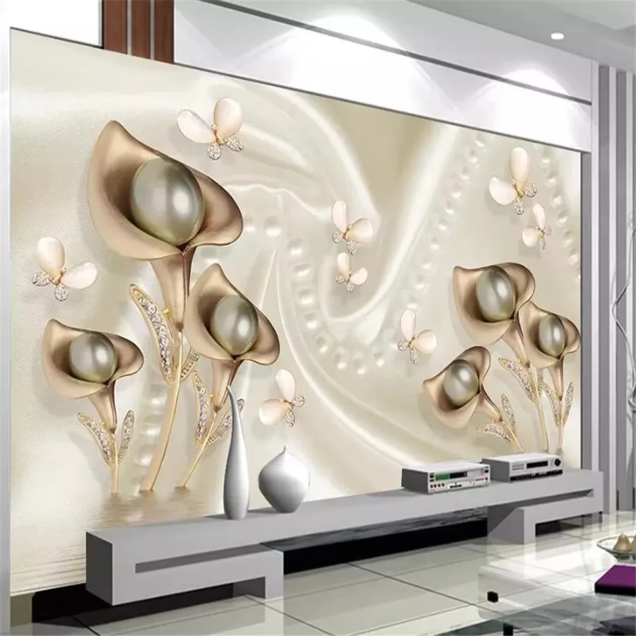 Custom Wallpaper 3d mural Calla Leaf Butterfly Silk Water Reflection Video Background Wall Golden Leaf Ball wallpapers home deco