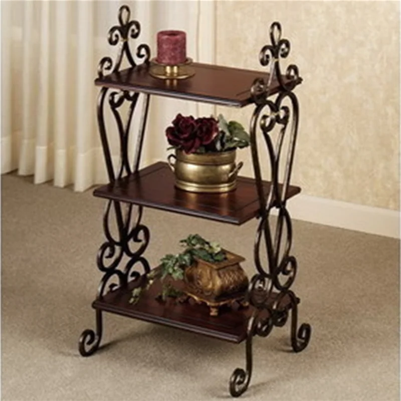 Solid wood shelf, living room retro wrought iron multi-layer book shelf, bedroom home sofa, table edge storage rack removable