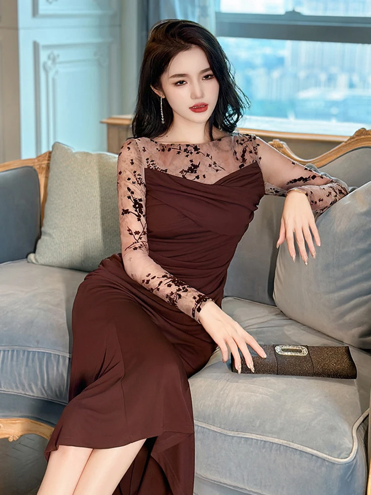 جديد بسط الملابس يتدفقون شبكة ذيل السمكة فساتين طويلة للنساء Mujer السيدات أنيقة خمر س الرقبة فستان نحيل رداء فام