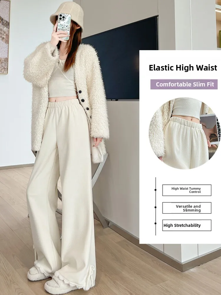 Pantalones de pana con nudo dulce para mujer, pantalones de pierna ancha informales holgados y cálidos de invierno, pantalones de tubo rectos de cintura alta