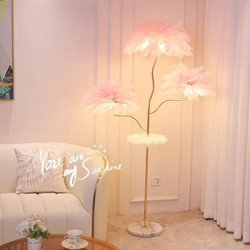 Nordic LightLuxury Floo Lamp,Feathered Standing Light for Living Room Sofa Side, Warm Ambienc Lamp with Shelf for Bedroom Corner