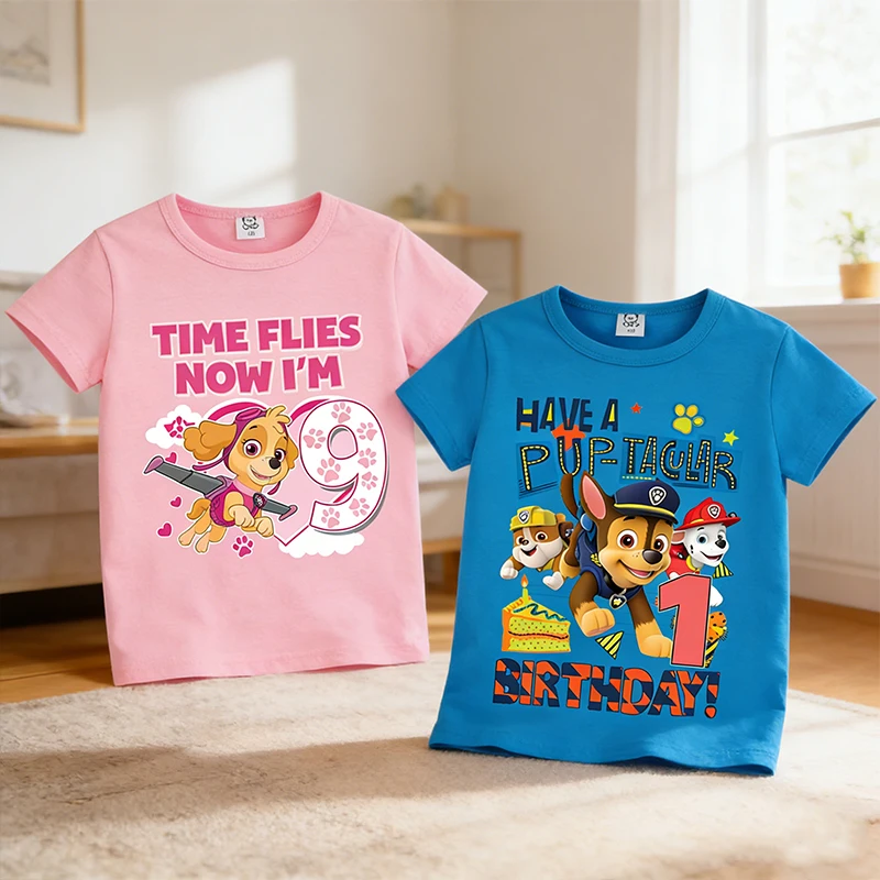 

Paw Patrols Girls Clothes Kids Tee Number 1-9 Tops Birthday Party Wear Child Clothing Summer Vogue Cute Skye Chase T-shirts Gift