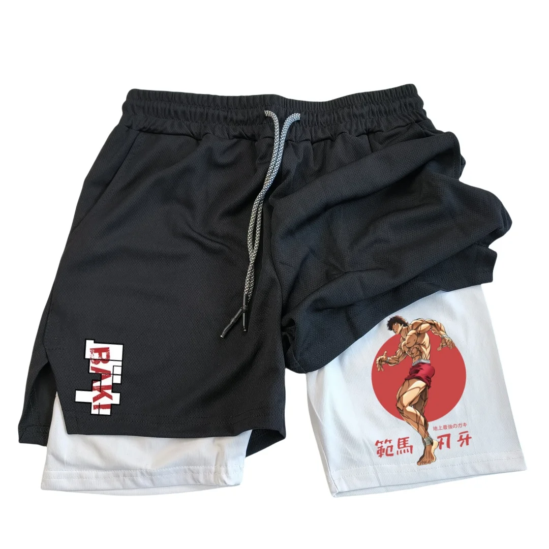 Anime Hanma Baki Gym Short Zwart Voor Mannen 2 In1 Mesh Snel Droog Board Shorts Heren Bodybuilding Fitness Hardloopbroek Zomer