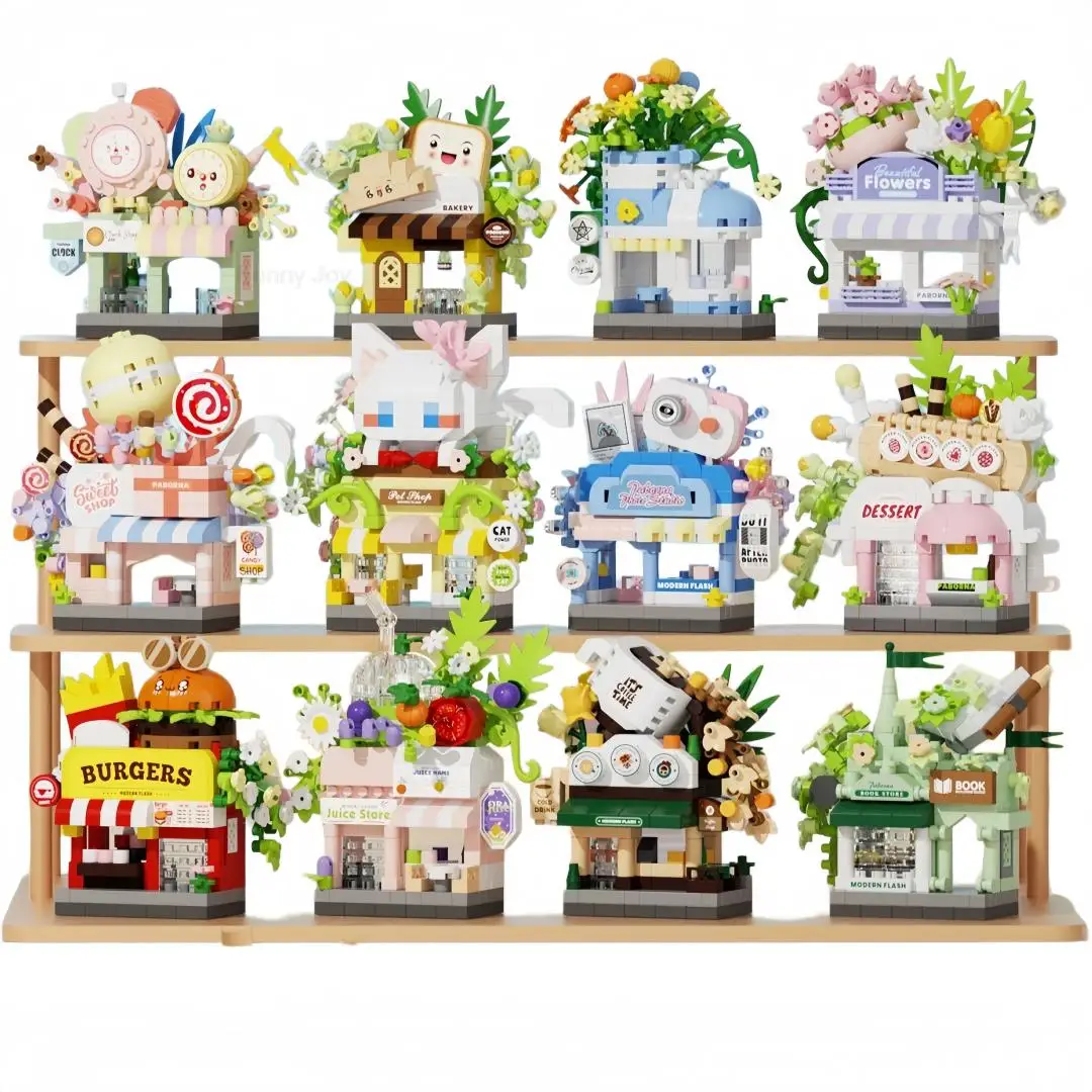 Grappige Joy Library Candy Store Street View Koffie Huisdier Brood Bloem Hamburger Kleine winkel Stad Bouwstenen Straatwinkel Speelgoed