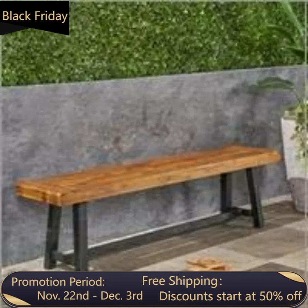 Toby Outdoor Acacia Wood Bench, Sandblast Teak Finish and Black