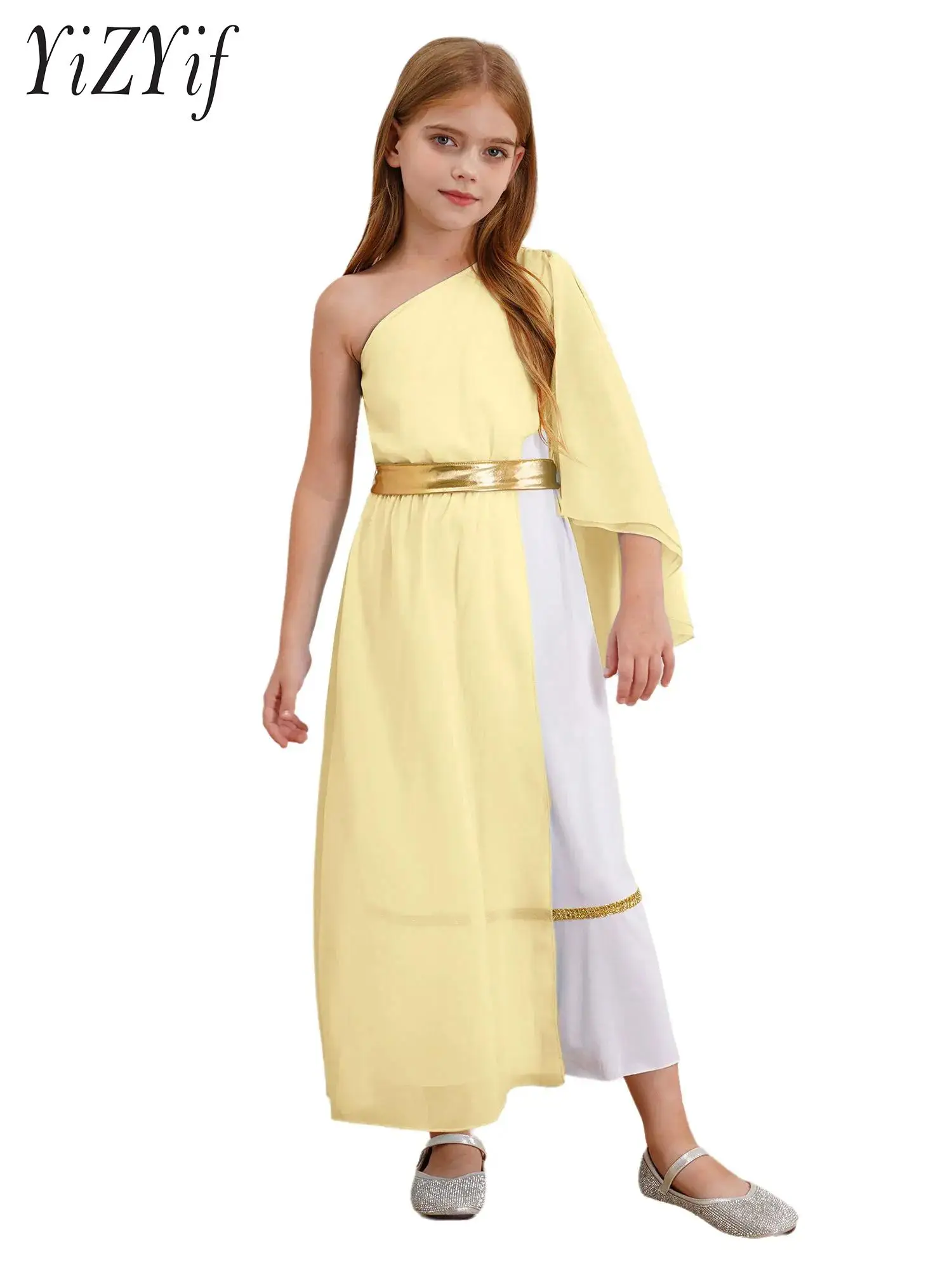 

Kids Girls Halloween Ancient Greek Costume Asymmetrical Shoulder Stripes Mult-Color Mesh Patchwork Double Layer Dress