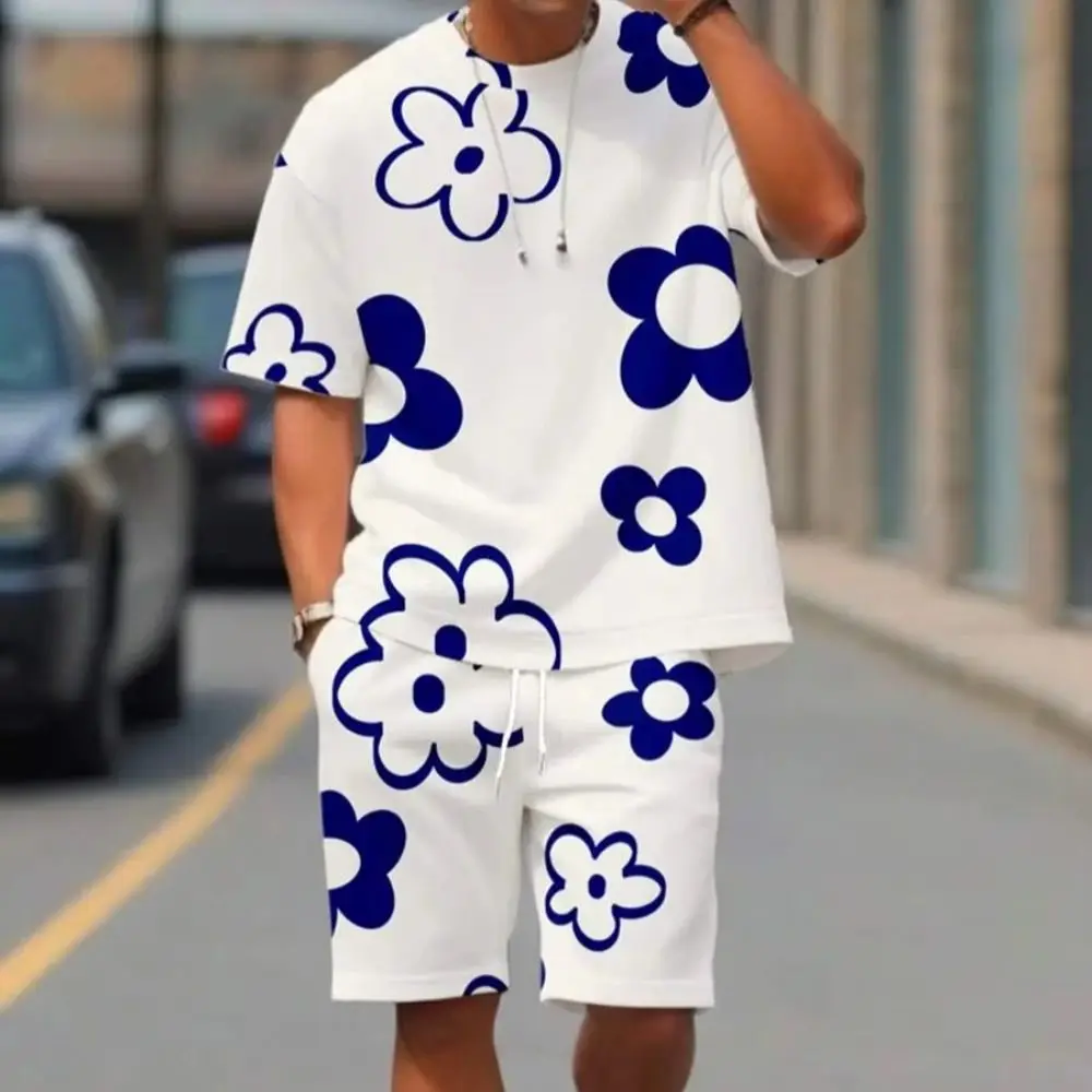 

3D Print Men's Flower Crew Neck Short Sleeve T-Shirt Shorts Set Round Neck Gradient Short Sleeved Suit Conjunto Para Hombre