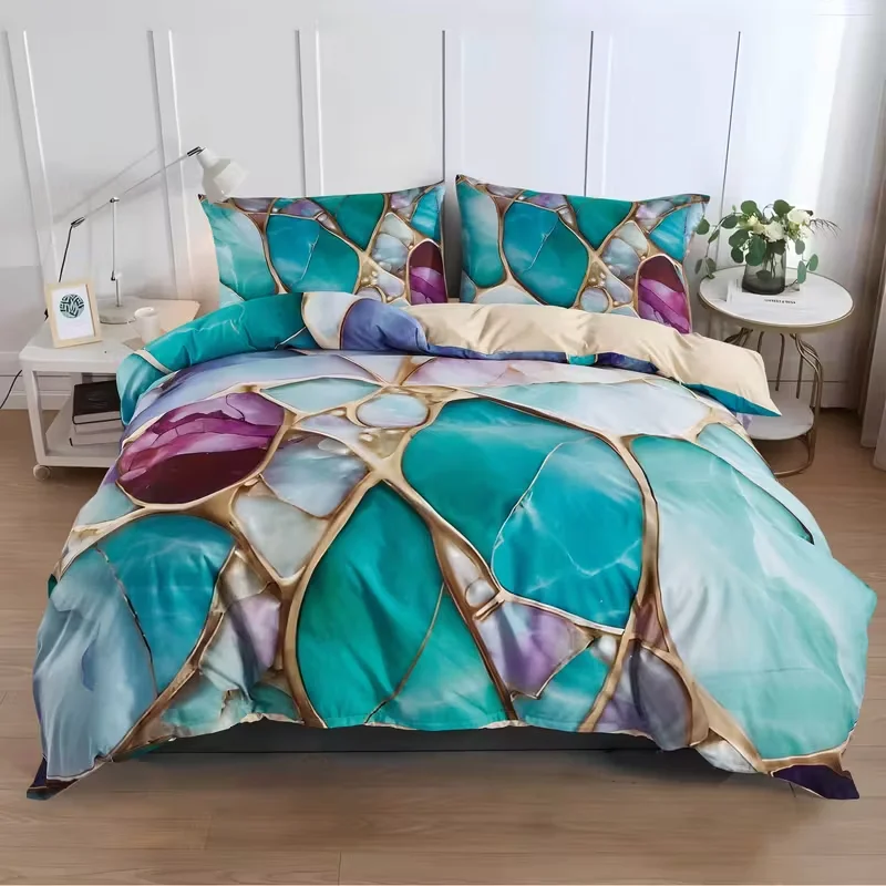 Marmerpatroon dekbedovertrek, abstracte geometrische microvezel beddengoedset, Full/Queen/Kingsize, dekbedovertrek voor kinderen – meisjes en jongens – slaapkamerdecoratie