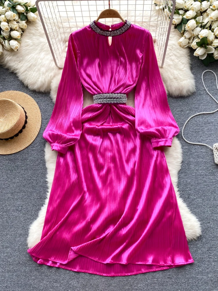 Women Elegant Satin Party Dress Vintage Diamond Embellished Stand Collar Slim Pleat Long Dresses Ladies Spring Autumn Long Robe