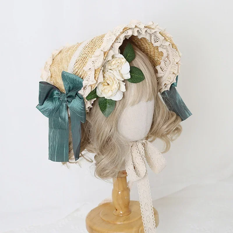 Feminino vintage vitoriano lolita boné plano feito à mão princesa renda flor doce chapéu de palha meninas lindo elegante headwear