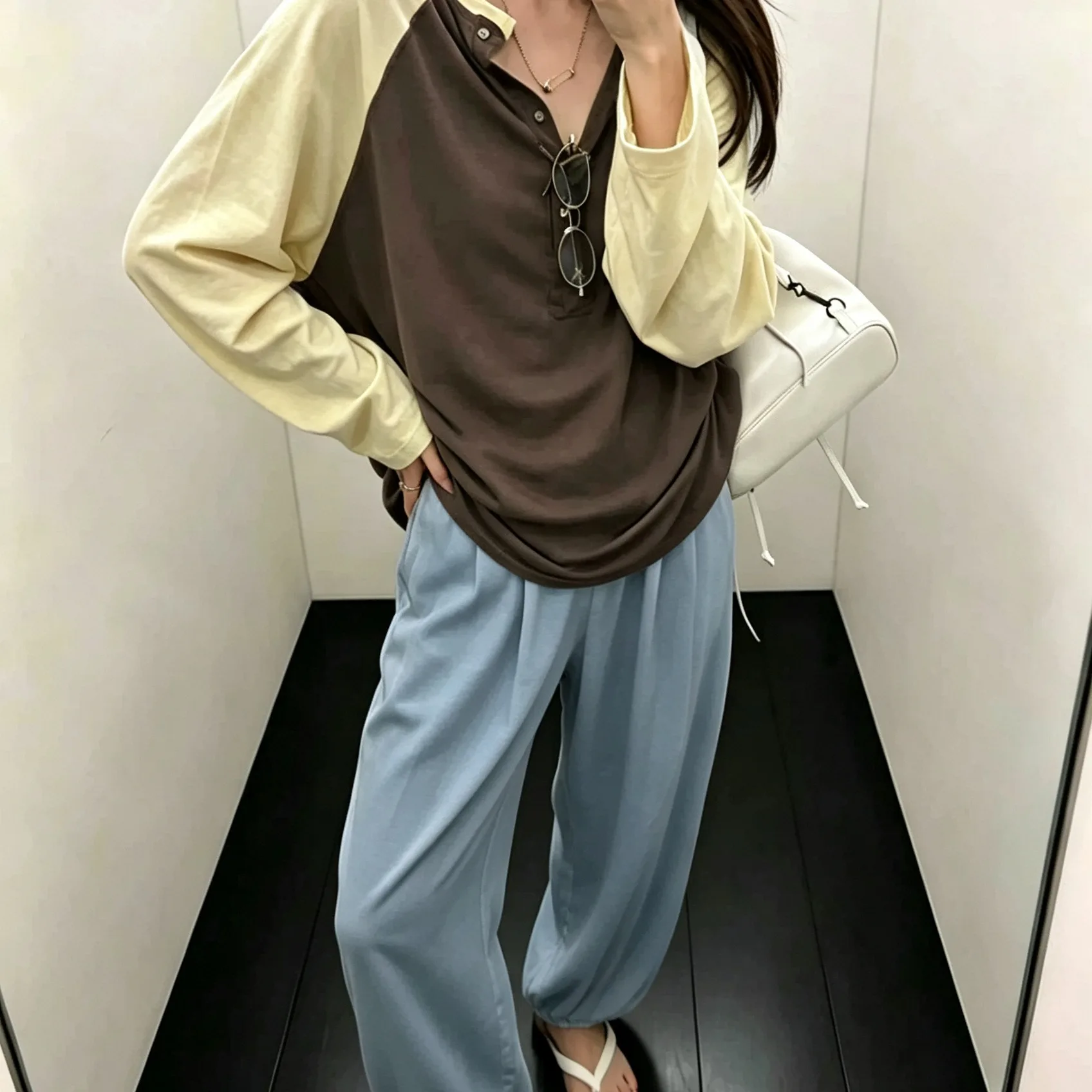 Loose Casual Lightweight Knitted Long Sleeve T-Shirt Women Early Autumn Half Open Collar Shoulder Insert Color Block Top