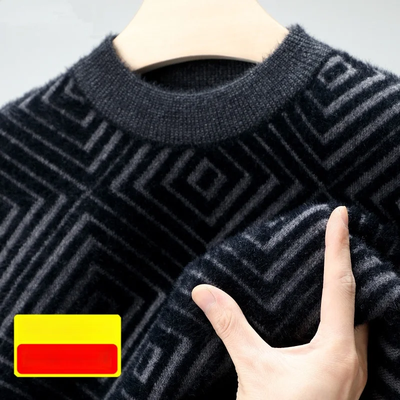 

Утепленный свитер из норкового бархата для мужчин, с высоким воротником, зимняя одежда для среднего возраста, теплый, вязаный, с круглым вырезом