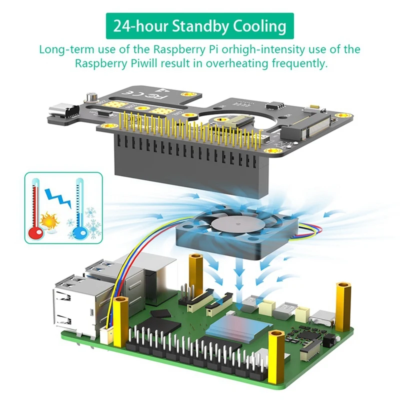 3 في 1 كومبو M.2 Nvme إلى Pcie محول مع مروحة تبريد ومصابيح LED تلون تلقائي لـ Raspberry Pi 5 متينة وسهلة الاستخدام