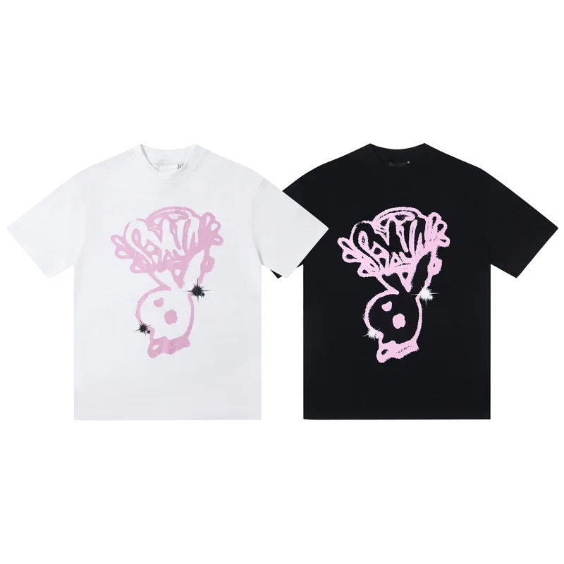 American Style Synaworld Drill Cartoon Print Hip Hop Rock High Street Trendy Cotton Short Sleeve T-Shirt City Walk Casual Wear