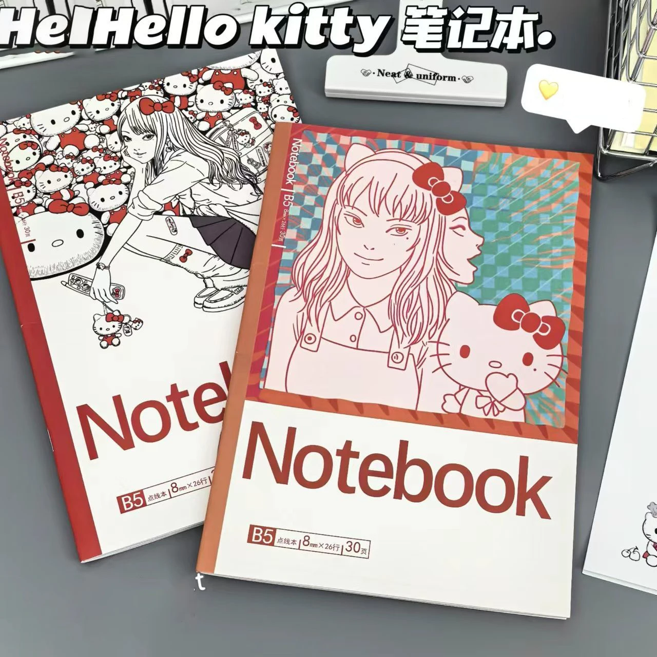 

New Miniso Hello Kitty Junji Ito jointly Notebook A5 Horizontal line Hardshell Stationery Anime Kawakami Tomie Notebook Gifts