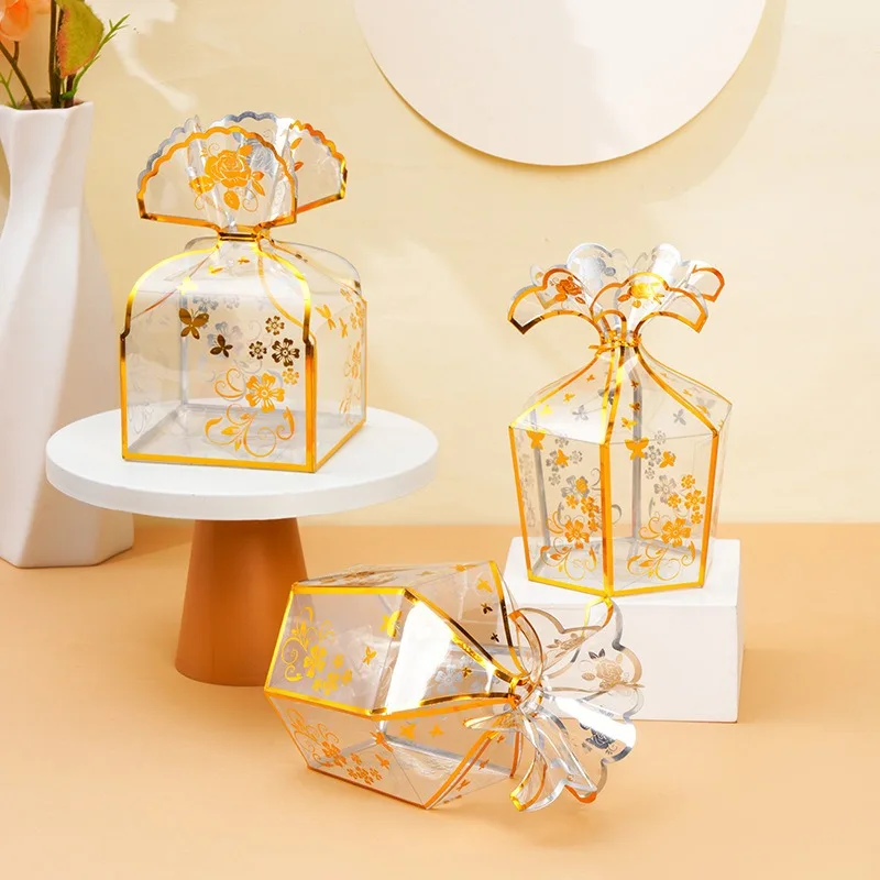 

10/20PC PVC Hot Stamped Plastic Box Gift Box Wedding Festival Party Printed Box Candy Box Transparent Gold Hexagonal Folding Box