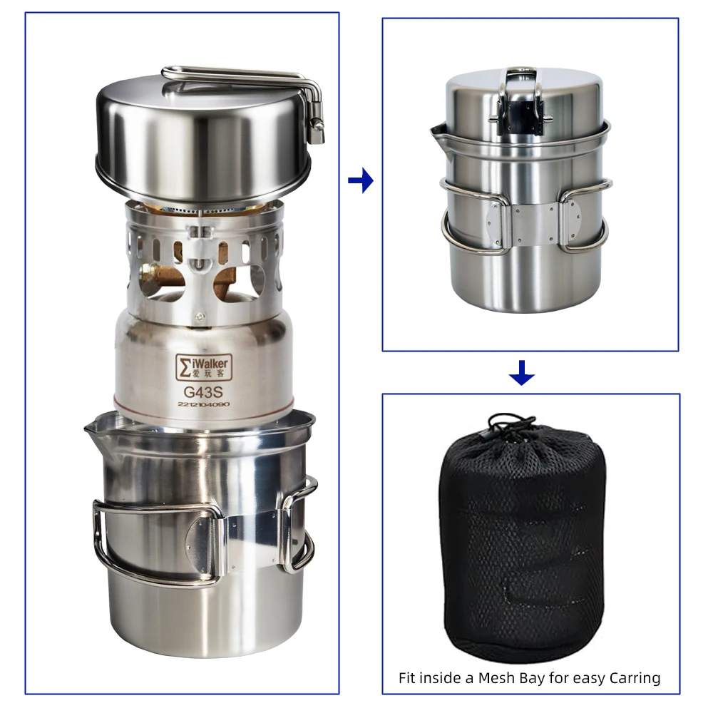 IWALKER G43S Kochset Campingkocher Gasbrenner Geräuscharmer Brenner mit Aufbewahrungstöpfen für Reisen Picknick Notfälle – Detail 13