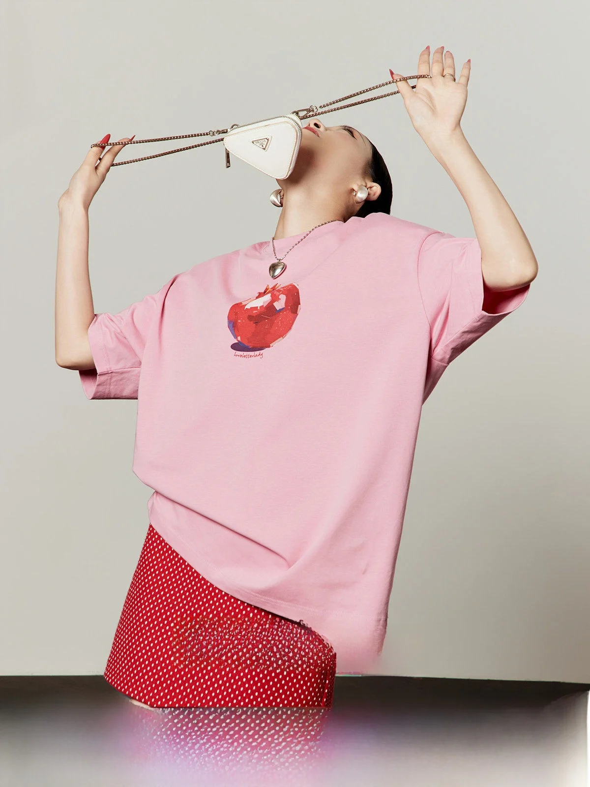 

Pink Pixel Pomegranate Print T-Shirt Women's Summer New round Neck Short Sleeve Loose Fit Pure Cotton Korean Style Teenage Fe...