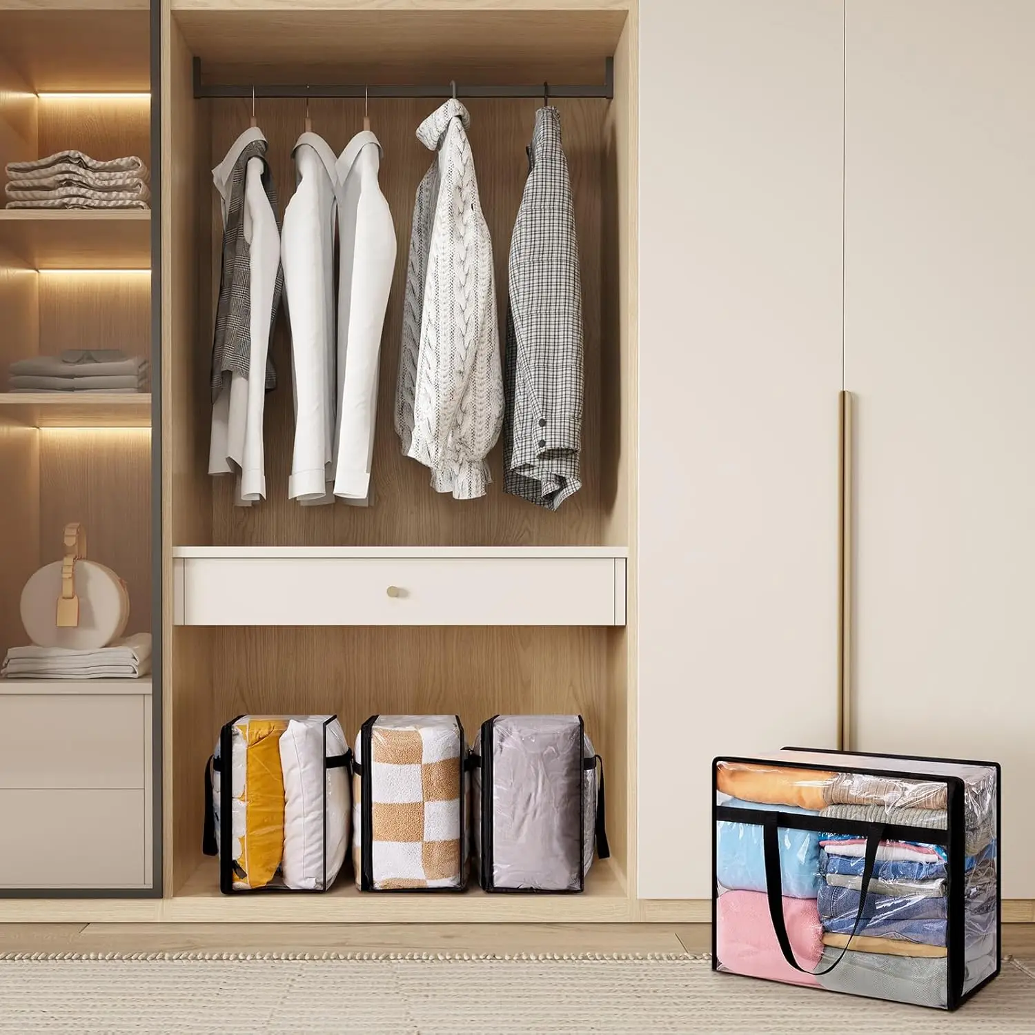 

4pcs Clear Clothes Storage Bags 40L/60/90L Blanket Storage Bag Moving Bag Foldable Closet Organizer for Bedding,Duvet,Comforter