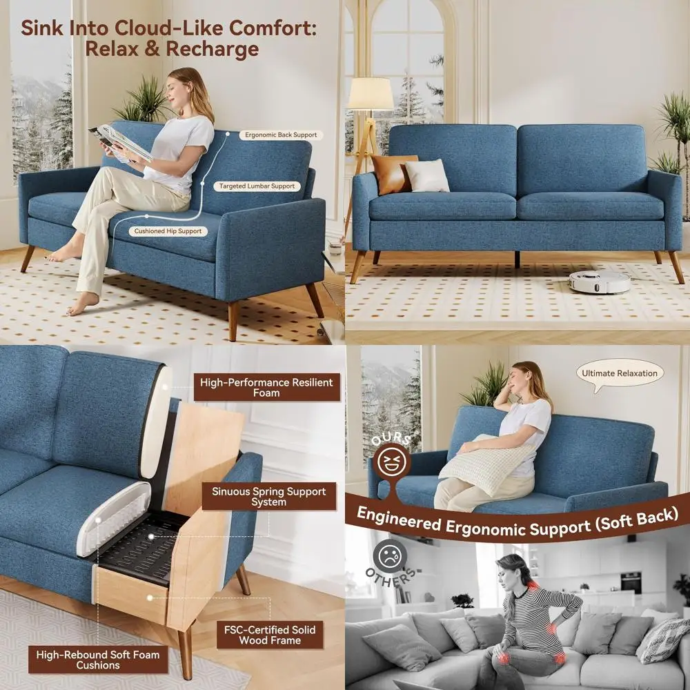 

Blue Loveseat Sofa - Comfortable Linen, Spring Cushion, Solid Wood, Deep Seating, Suitable for Bedroom and Living Room, Compact