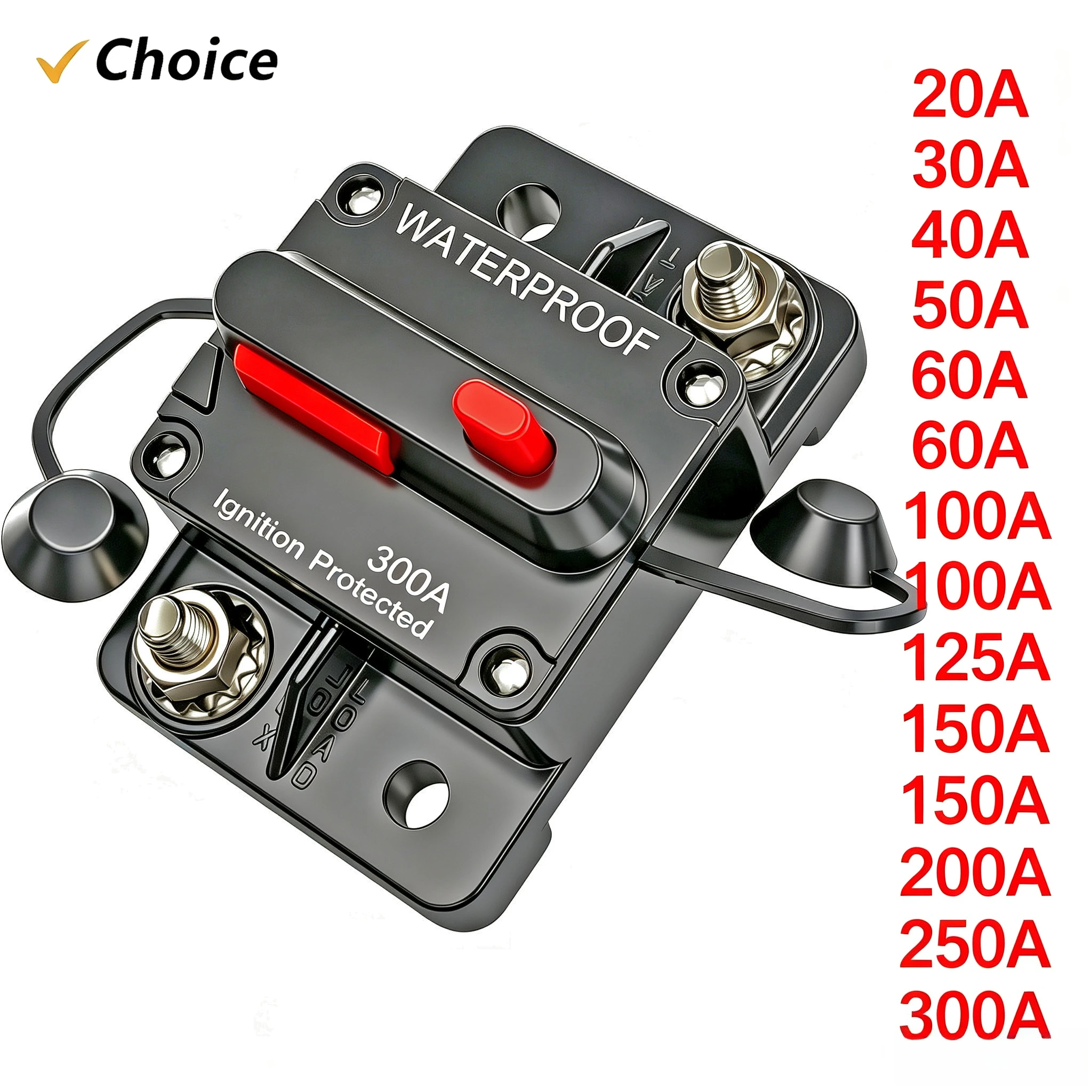 Circuit Breaker 30A to 300A 12V-48V Power Protect Fuse Trolling with Manual Reset Waterproof Car Boat Manual 80A 100A 200A 250A