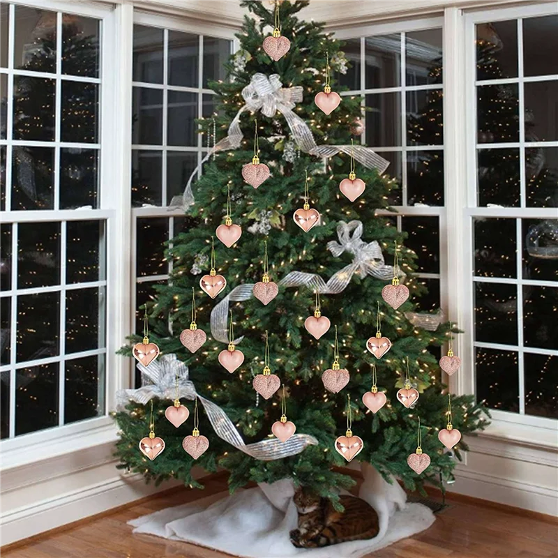 

A64K 72Pcs Rose Gold Valentine's Day Heart Shaped Ornaments Heart Shaped Baubles Ornaments For Home Tree Hanging Decorations