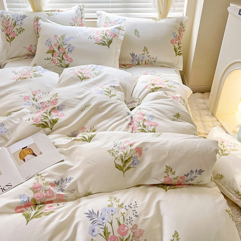 Pink Spring Flowers Duvet Cover 100% Cotton Bedding Set Floral Quilt Cover with Zipper Closure 3pcs Wildflower Comforter Cover