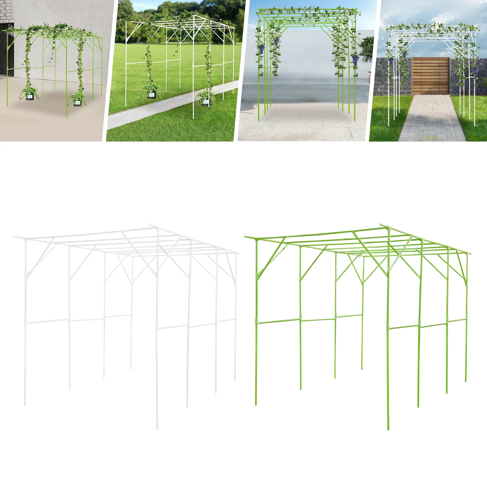 

White/ Green Grape Vine Trellis,310*200*230cm Steel Pipes Rectangular Garden Trellis for Climbing Plants Freestanding