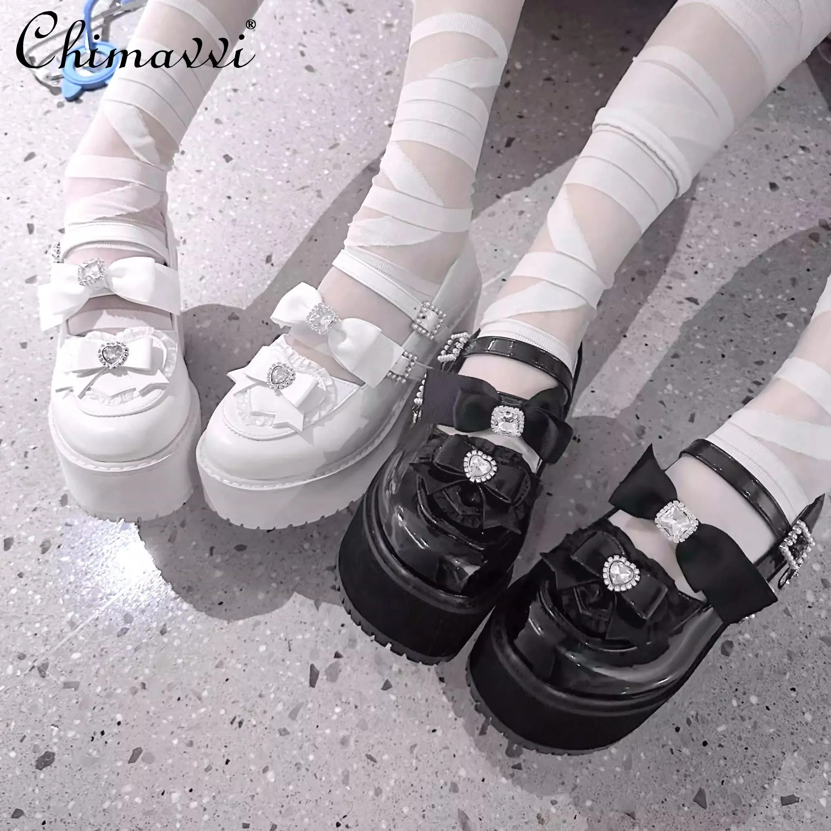 

Japanese Mine Style Thick Bottom Asian Culture Women's High Heels New Autumn Sweet Diamond Bow Women's Platform JK Shoes