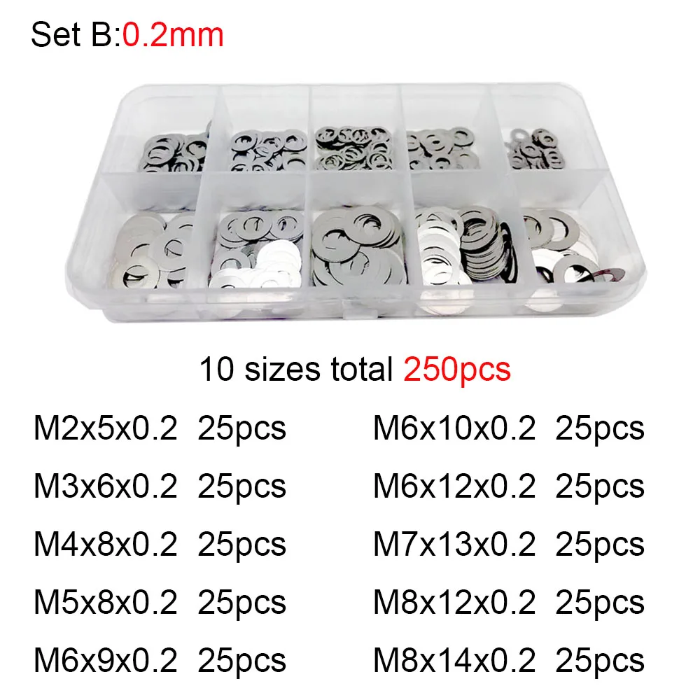 250x 0.1/0.2/0.3mm M2 M3 M4 M5 M6 M7 M8 304 Stainless Steel Ultra Thin Washer Set Adjusting Shim Plain Gasket Assortment Kit Box