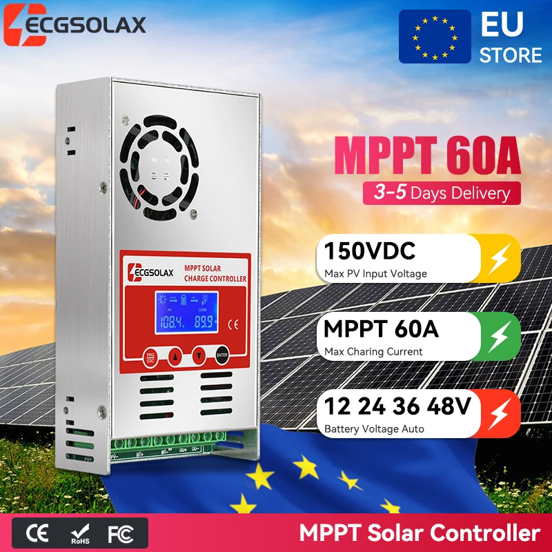 ECGSOLAX 60A MPPT Solar Charge Controller LCD Work With 12V 24V 36V 48V Lead-acid Lifepo4 Battery Solar Panel Regulator Max PV 150VDC Solar Battery Controller