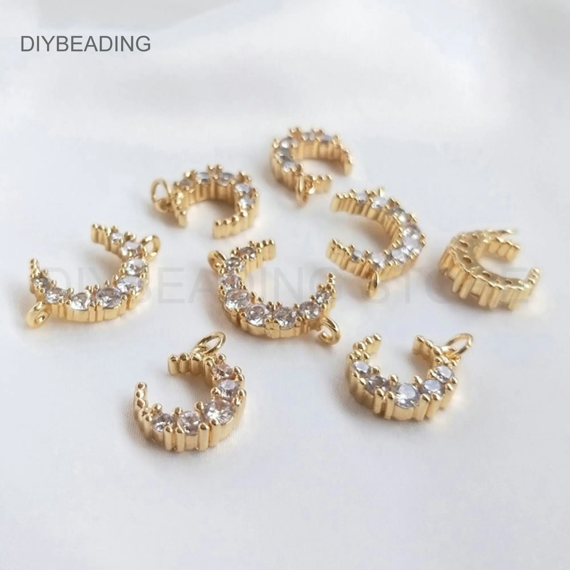 Crescent Charms for Earring Making Supplies 14K Real Gold Brass and Clear CZ Moon Shape Cute Pendant/ Connector(1/2 Loops)