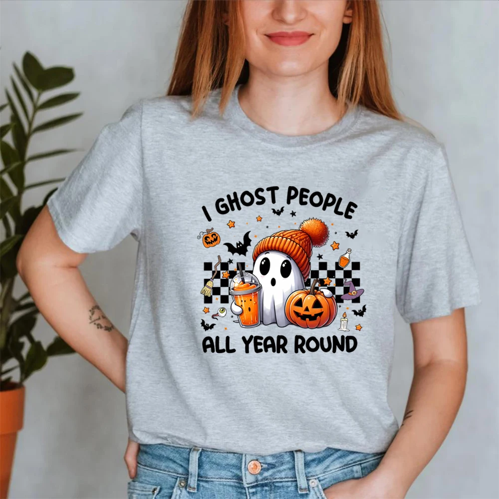 Retro I Ghost People T-shirt Cute Ghost Pumpkin Shirt Funny Spooky Vibes Shirts Ghost Coffee Shirt Unisex Short Sleeves Top