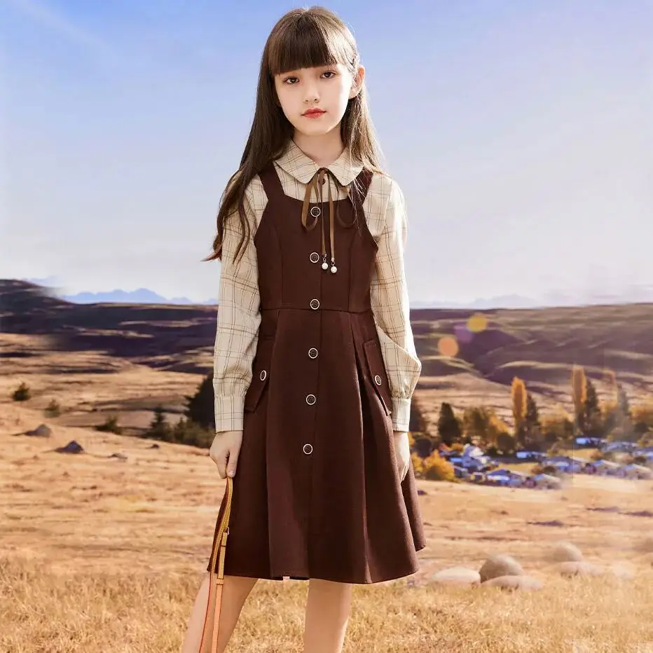Girls' Dress Set New Spring and Autumn Children's Strap Shirt Skirt+Long Sleeve Shirt Two piece Set Children's Dress Set 120-160