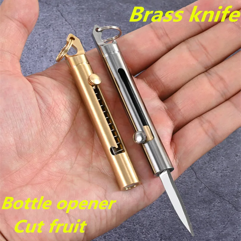 Multifunctional Brass Bottle Opener Knife Portable Retractable Knife Outdoor Self-defense Disassembly Express Tool Key Pendant