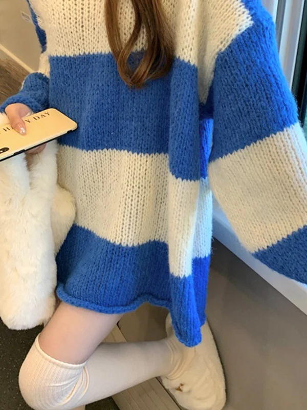 

Chic V-Ne Oversized Striped Mid-Length Sweater Women's Faionable Knitwear Casual Commute Sle Long Sve Girls' Clothes