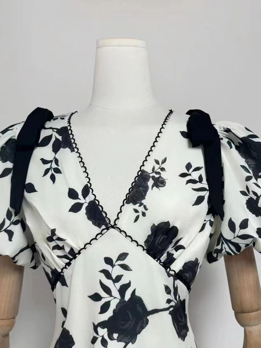 VGH Casual Printing Slimming Long Dresses For Women V Neck Short Sleeve High Waist Temperament Draped Dress Female Fashion New