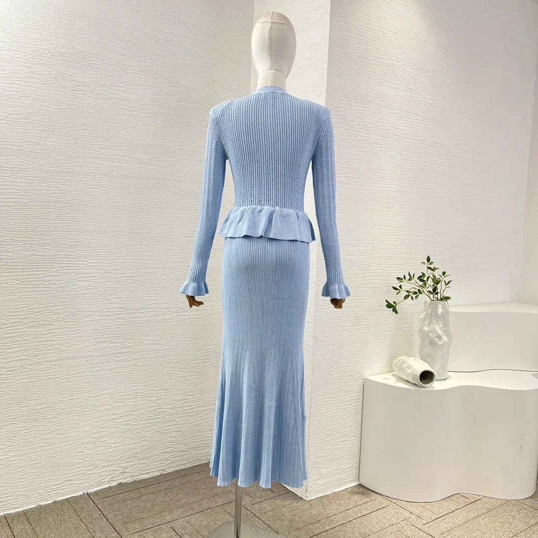 2025 New Women's Blue Black Maxi Dresses Elegant Office Lady  V Neck Knit Ruffles Hem Long Sleeves Top Quality