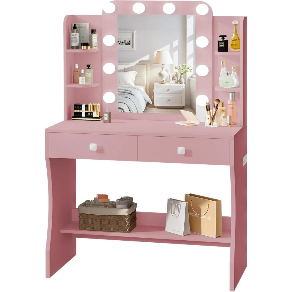 Desk with Mirror, Small Vanity with Power Outlet, Vanitys Desk with 3 Lighting Modes & 10 LED Bulbs- Pink