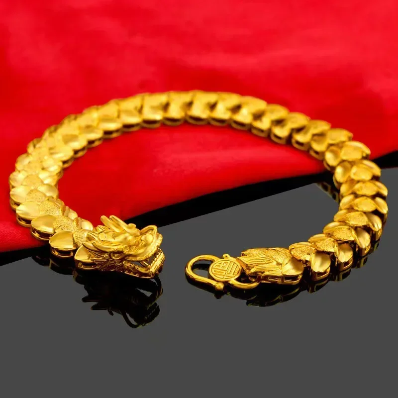 

9999 24K Real Gold Overbearing Dragon Gold Bracelet Head Wheat Bracelet Male AU750 Back Buckle Bracelet Gift Gift for Boyfriend
